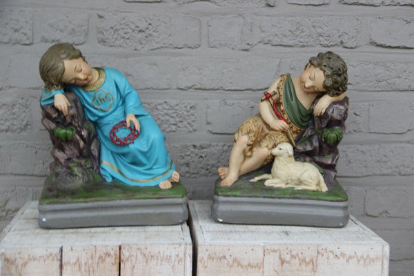 PAIR antique chalkware jesus john baptist Religious statue matching set