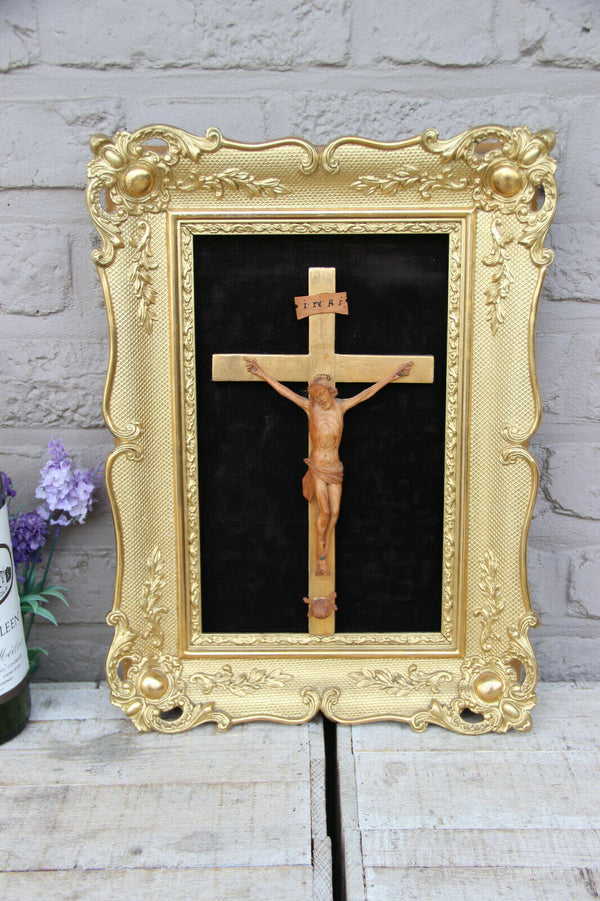 Antique French Lime wood finely carved religious crucifix framed on velvet