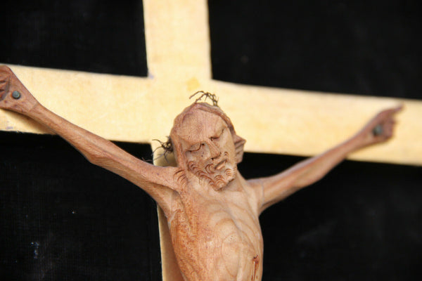 Antique French Lime wood finely carved religious crucifix framed on velvet