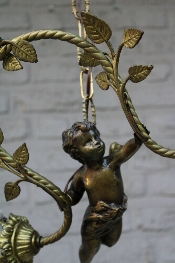 Antique French bronze putti angel lamp chandelier pendant light glass shades