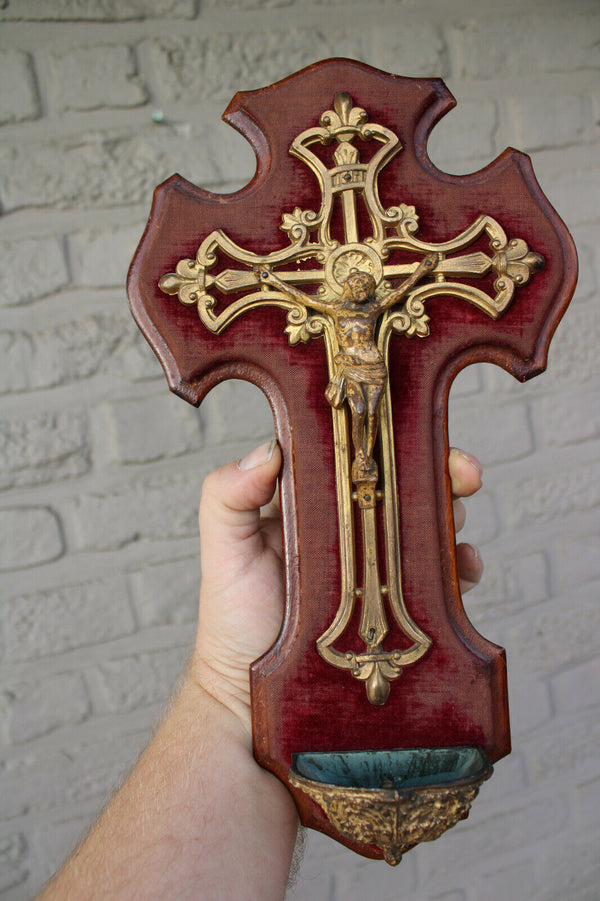 Antique french holy water font crucifix velvet religious