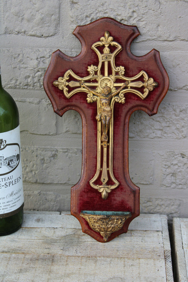 Antique french holy water font crucifix velvet religious