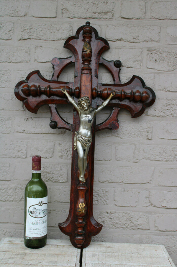 XL french antique wood carved neo gothic wall crucifix religious church