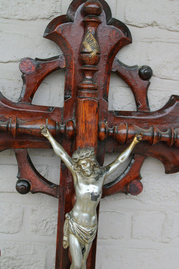 XL french antique wood carved neo gothic wall crucifix religious church