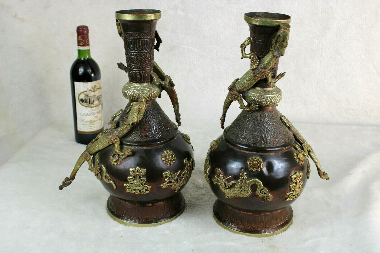 Antique PAIR chinese copper crawling dragon vases stones 1900s