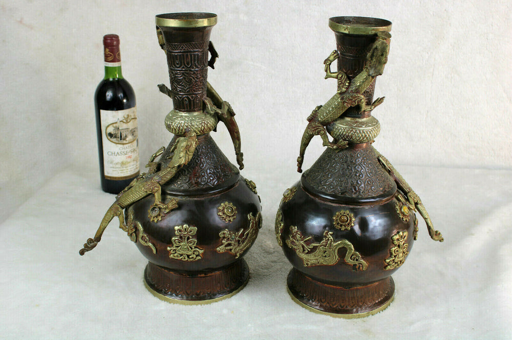 Antique PAIR chinese copper crawling dragon vases stones 1900s
