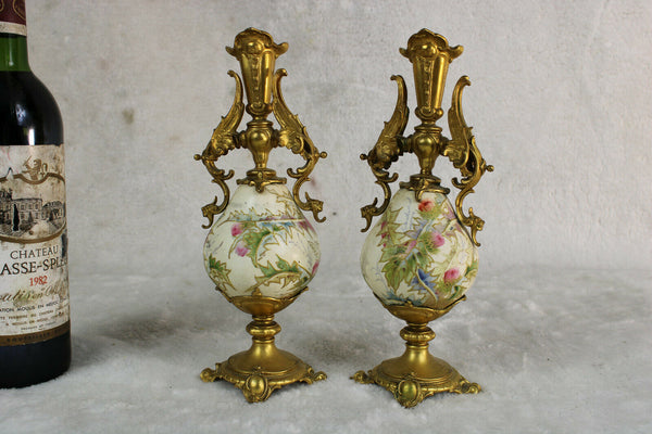 Stunning antique PAIR french brass porcelain enamel dragon candle holder