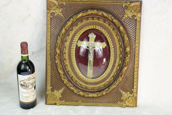 Antique 1900s Rare French crucifix cross framed glass religious