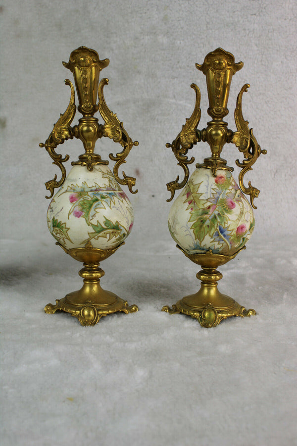 Stunning antique PAIR french brass porcelain enamel dragon candle holder
