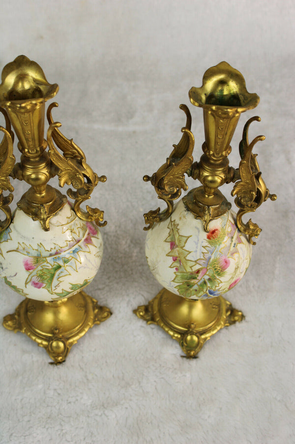 Stunning antique PAIR french brass porcelain enamel dragon candle holder