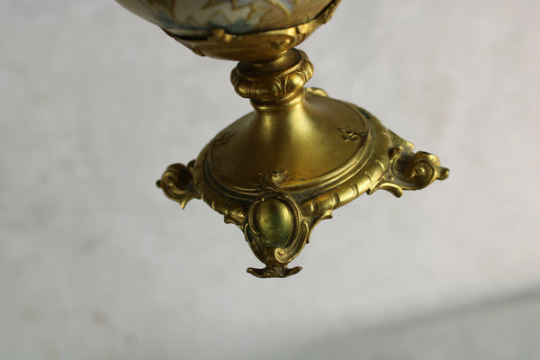 Stunning antique PAIR french brass porcelain enamel dragon candle holder