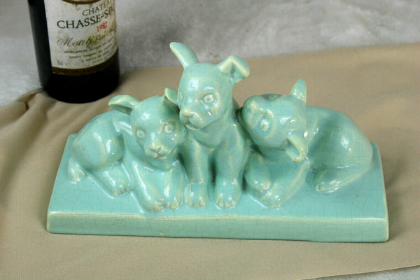 French art deco faience craquele 3 dogs statue turquoise sculpture
