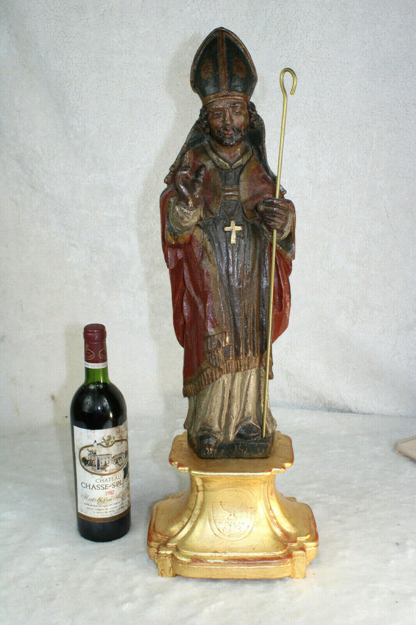 Antique Church altar 1800s Wood carved polychrome bishop saint statue religious