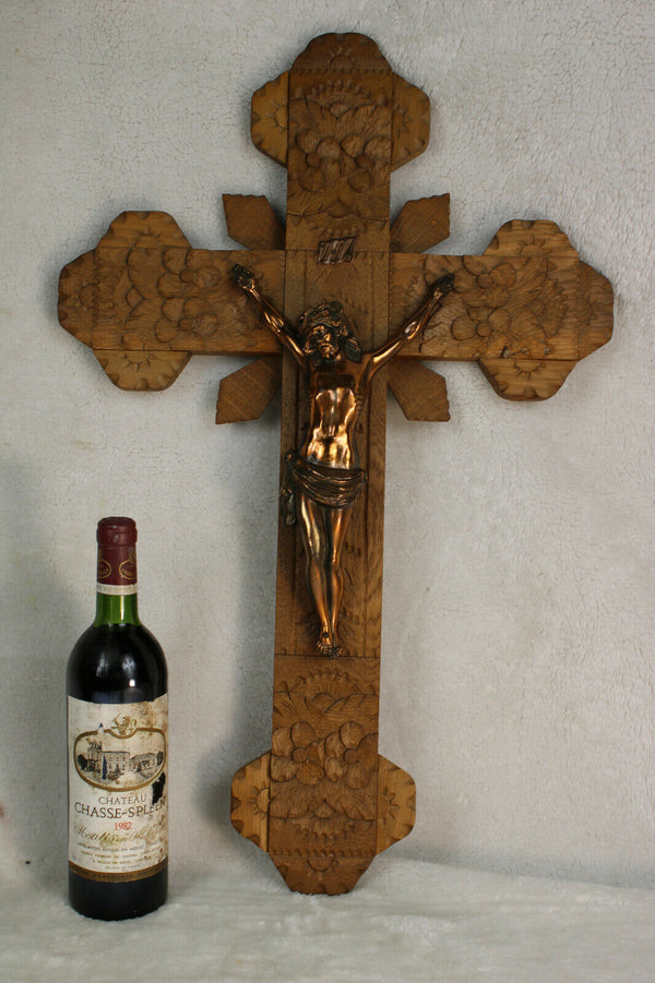 Huge French antique neo gothic wood carved altar church crucifix religious