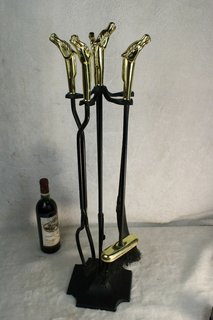 Vintage 1970 Cast iron equestrian horse head fireplace tool set FF