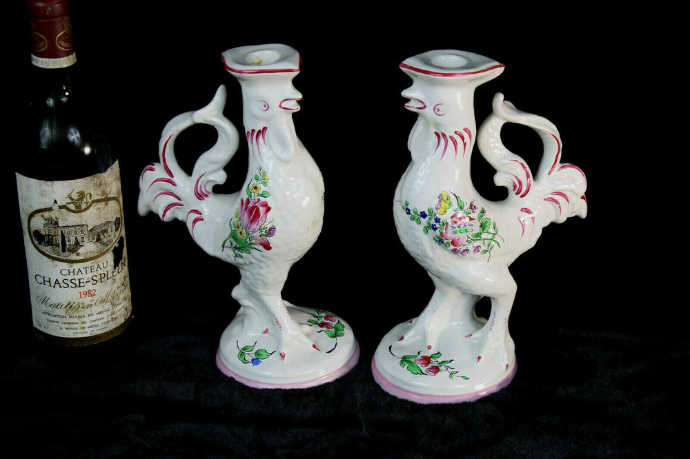 KG luneville strassbourg marked pair Ceramic Faience rooster candle holder