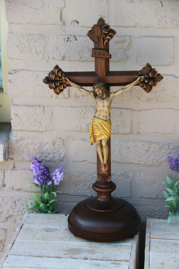 Antique French oak Wood carved polychrome christ crucifix religious rare
