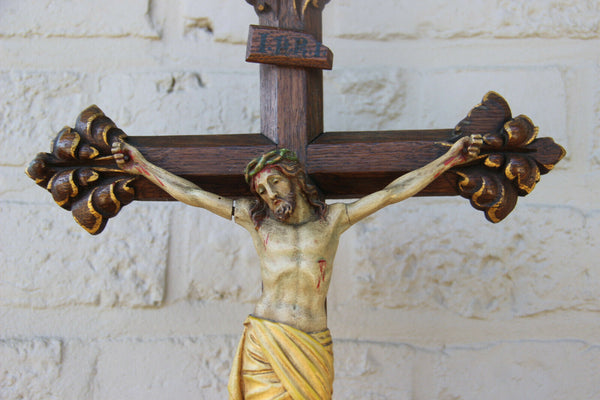 Antique French oak Wood carved polychrome christ crucifix religious rare