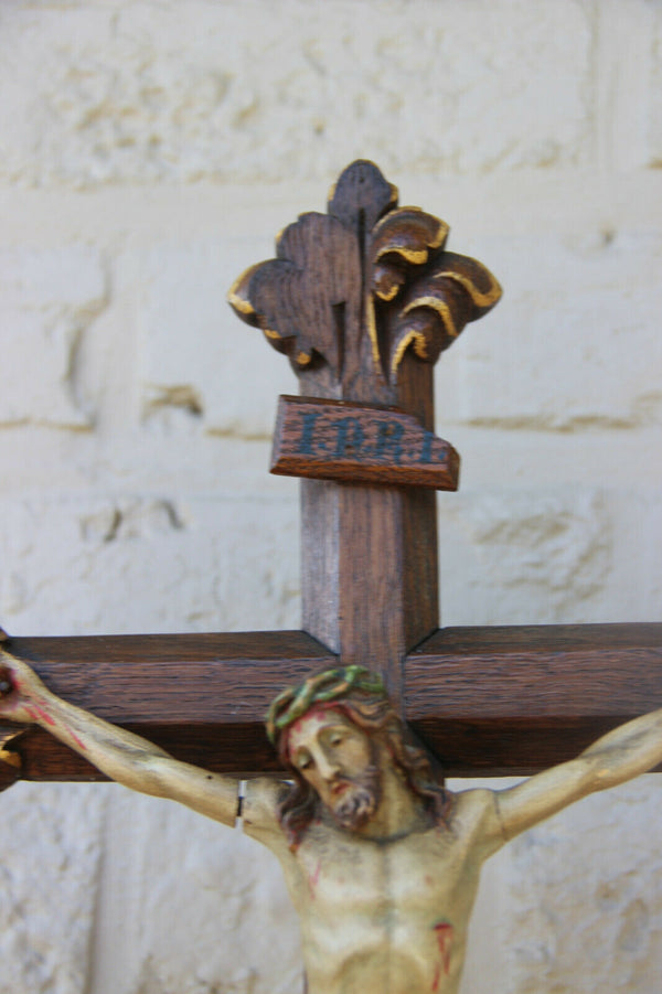 Antique French oak Wood carved polychrome christ crucifix religious rare