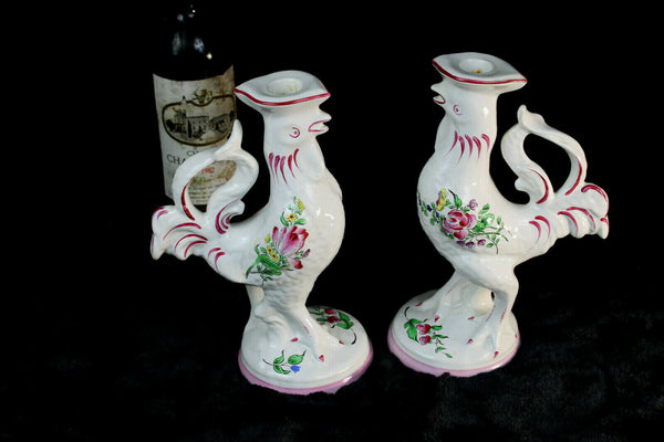 KG luneville strassbourg marked pair Ceramic Faience rooster candle holder