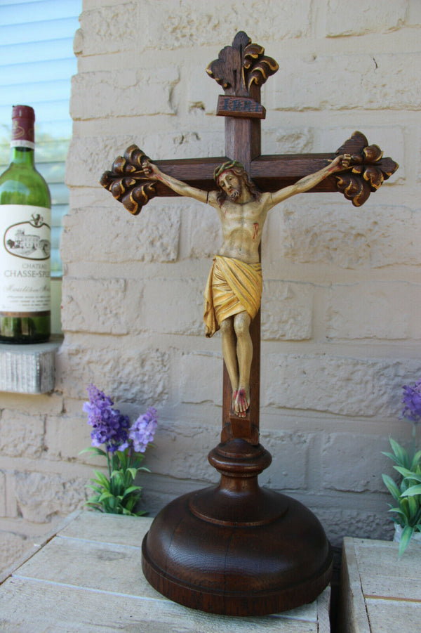 Antique French oak Wood carved polychrome christ crucifix religious rare