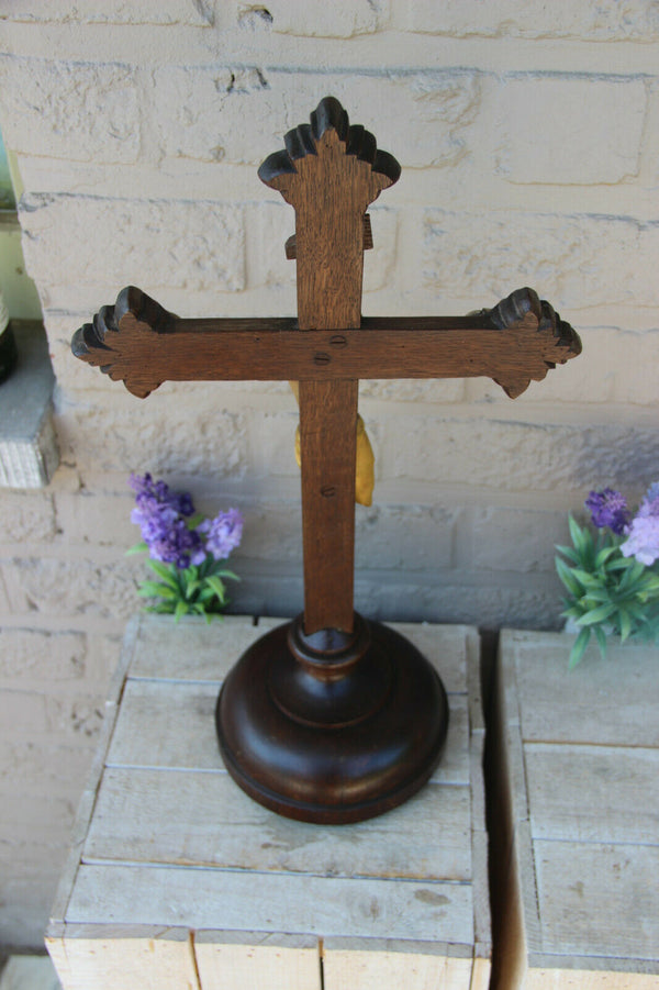 Antique French oak Wood carved polychrome christ crucifix religious rare