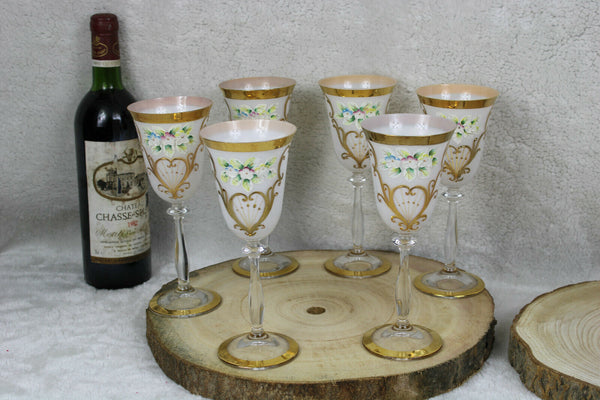 SET 6 Bohemia Czech crystal champagne Glasses Enamel relief floral decors