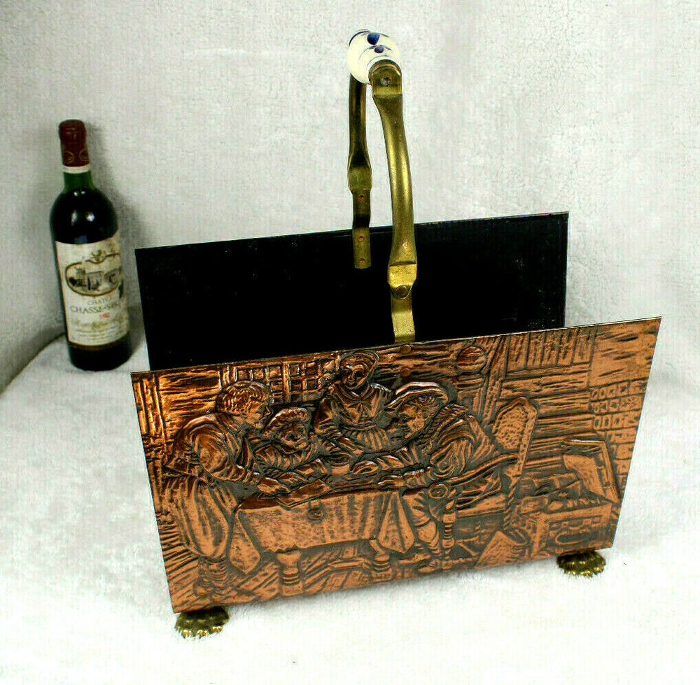 Antique Copper relief Scene Delft handle lion paws magazine rack holder