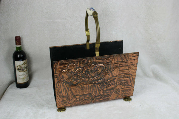 Antique Copper relief Scene Delft handle lion paws magazine rack holder