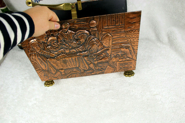 Antique Copper relief Scene Delft handle lion paws magazine rack holder
