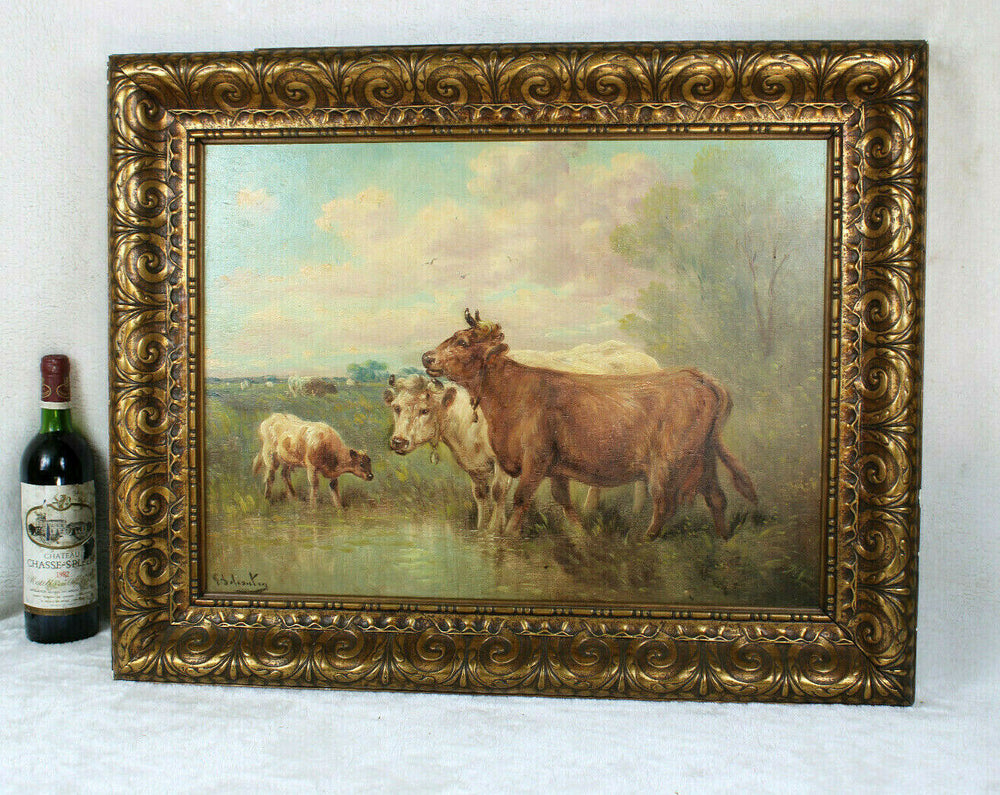 Antique Flemish listed PAUL HENRY SCHOUTEN oil panel signed painting cows field