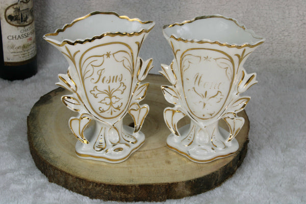 Antique french vieux paris porcelain pair religious vases marie jesus
