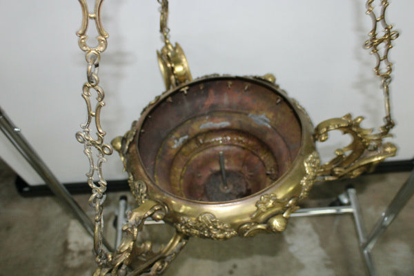 Antique church religious SAnctuary Bronze copper Chandelier angel cherub rare