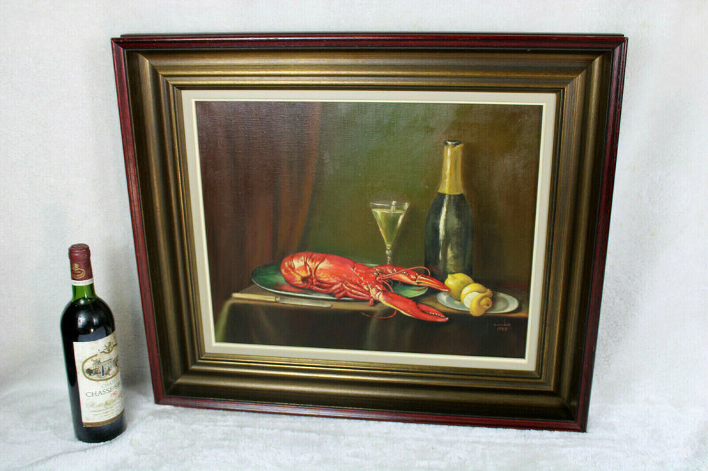 Oil canvas still life painting lobster wine dinner  signed dated 1977