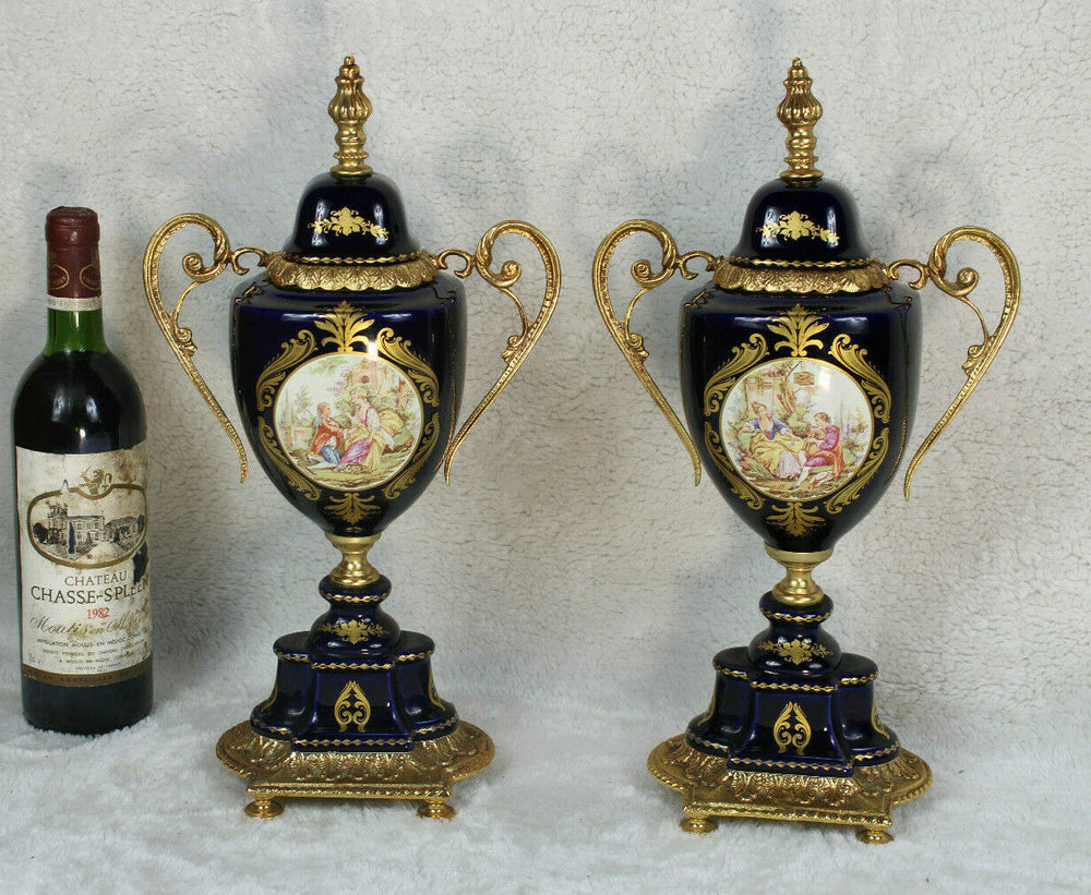 PAIR cobalt blue porcelain de Limoges Romantic scene Vases