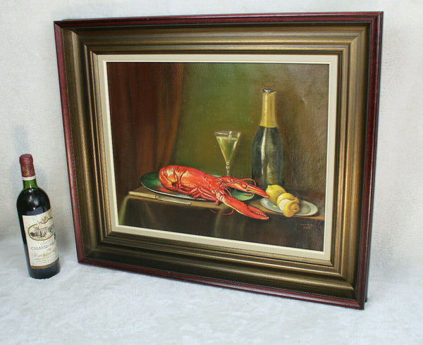 Oil canvas still life painting lobster wine dinner  signed dated 1977