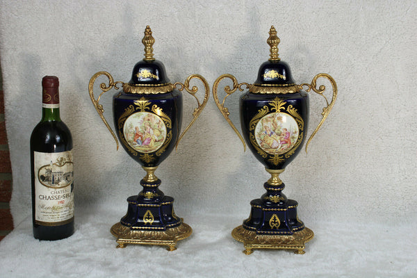 PAIR cobalt blue porcelain de Limoges Romantic scene Vases