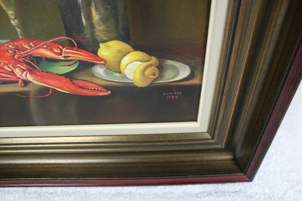 Oil canvas still life painting lobster wine dinner  signed dated 1977