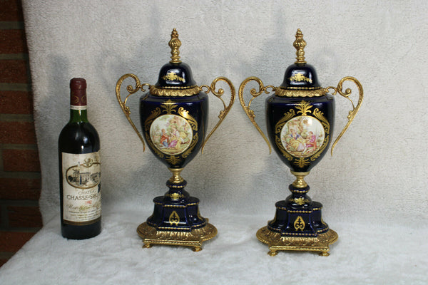 PAIR cobalt blue porcelain de Limoges Romantic scene Vases