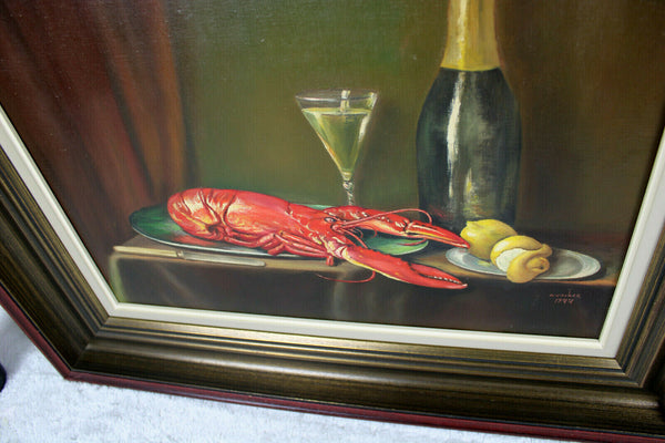 Oil canvas still life painting lobster wine dinner  signed dated 1977