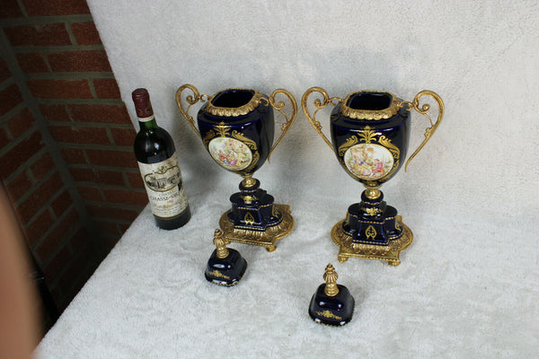 PAIR cobalt blue porcelain de Limoges Romantic scene Vases