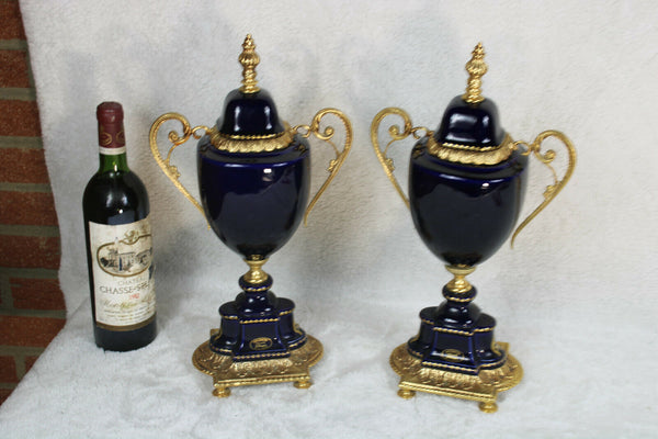 PAIR cobalt blue porcelain de Limoges Romantic scene Vases