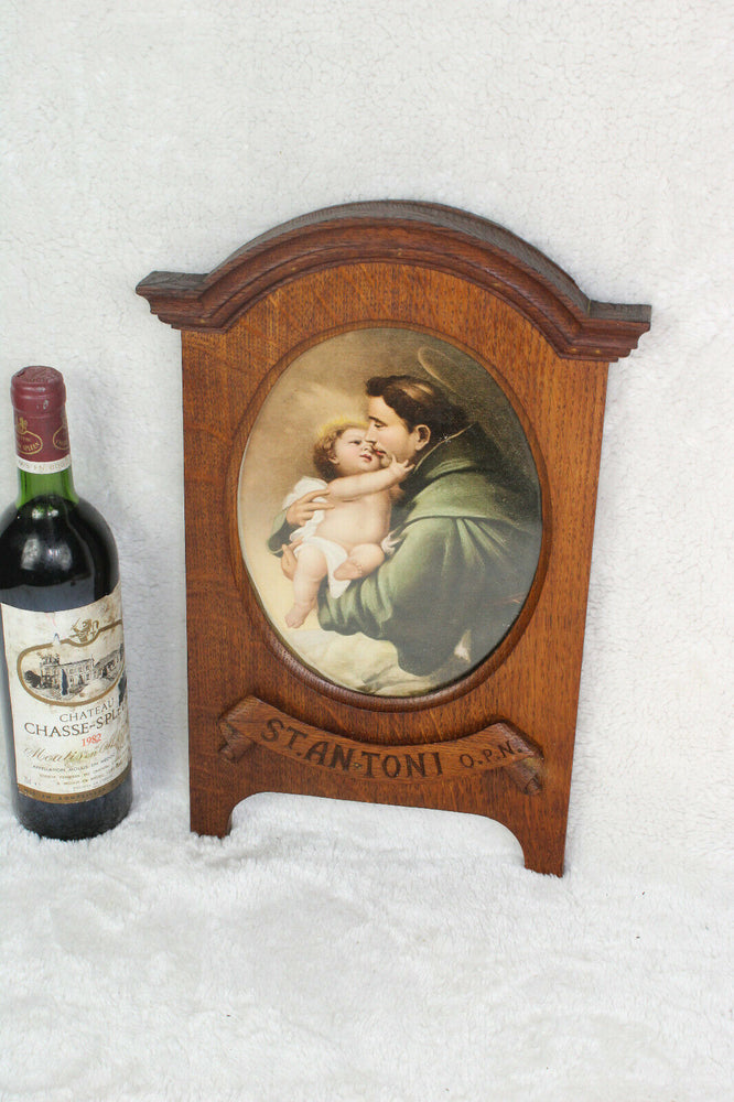 Gorgeous antique religious wood carvved saint anthony wall panel litho