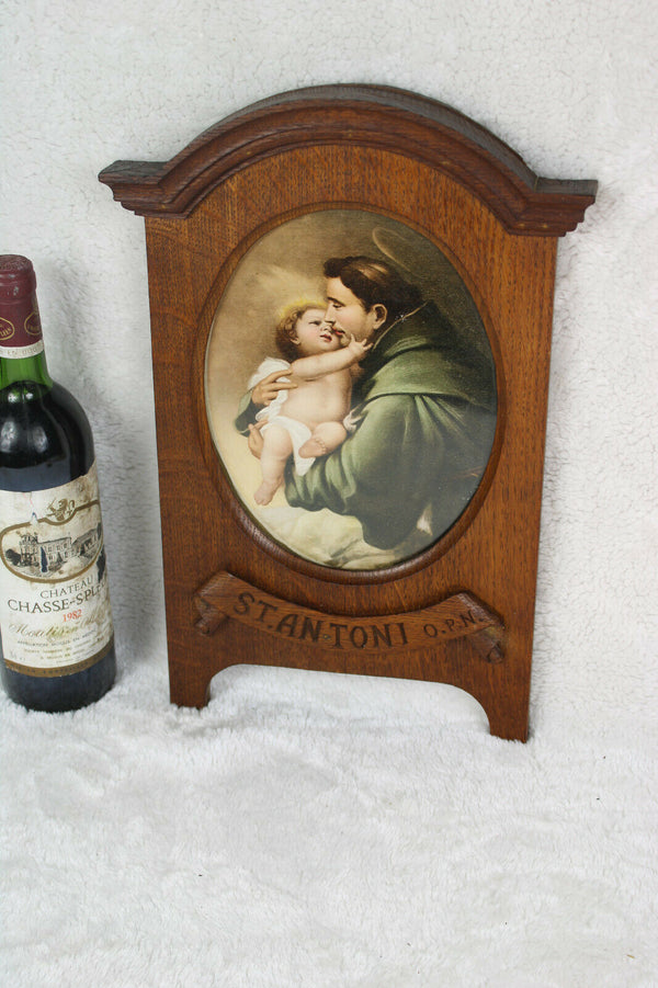 Gorgeous antique religious wood carvved saint anthony wall panel litho