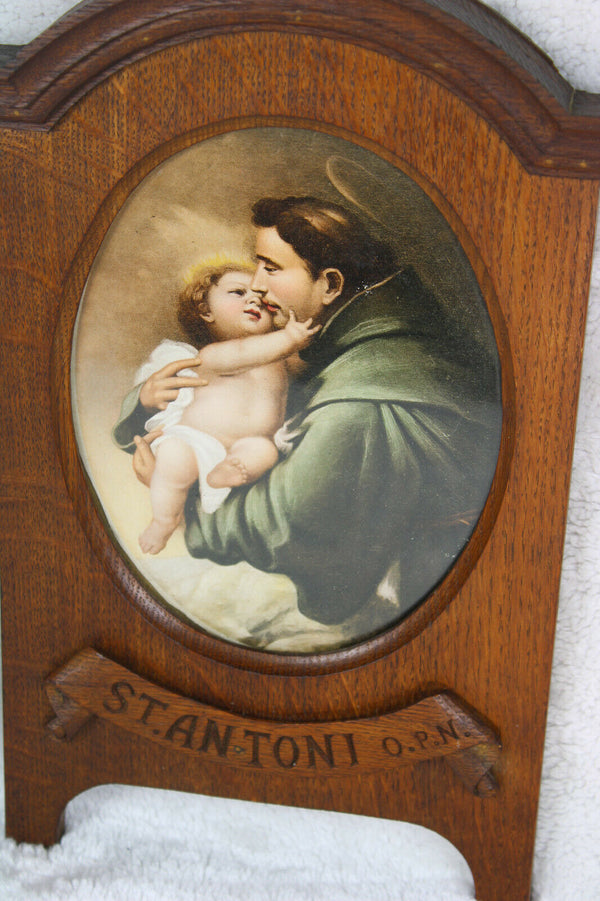 Gorgeous antique religious wood carvved saint anthony wall panel litho
