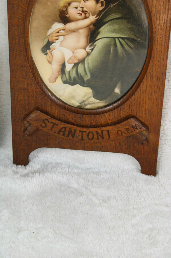 Gorgeous antique religious wood carvved saint anthony wall panel litho