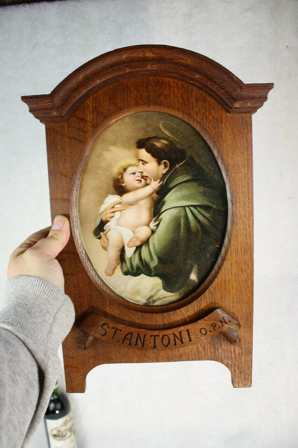 Gorgeous antique religious wood carvved saint anthony wall panel litho