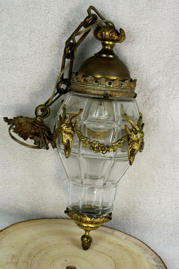 Antique french Bronze ram head crystal glass lantern lamp Chandelier 1900s