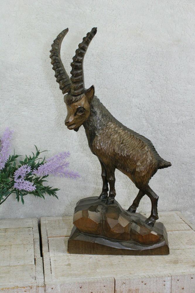 Vintage german black forest wood carved deer goat animal 1960
