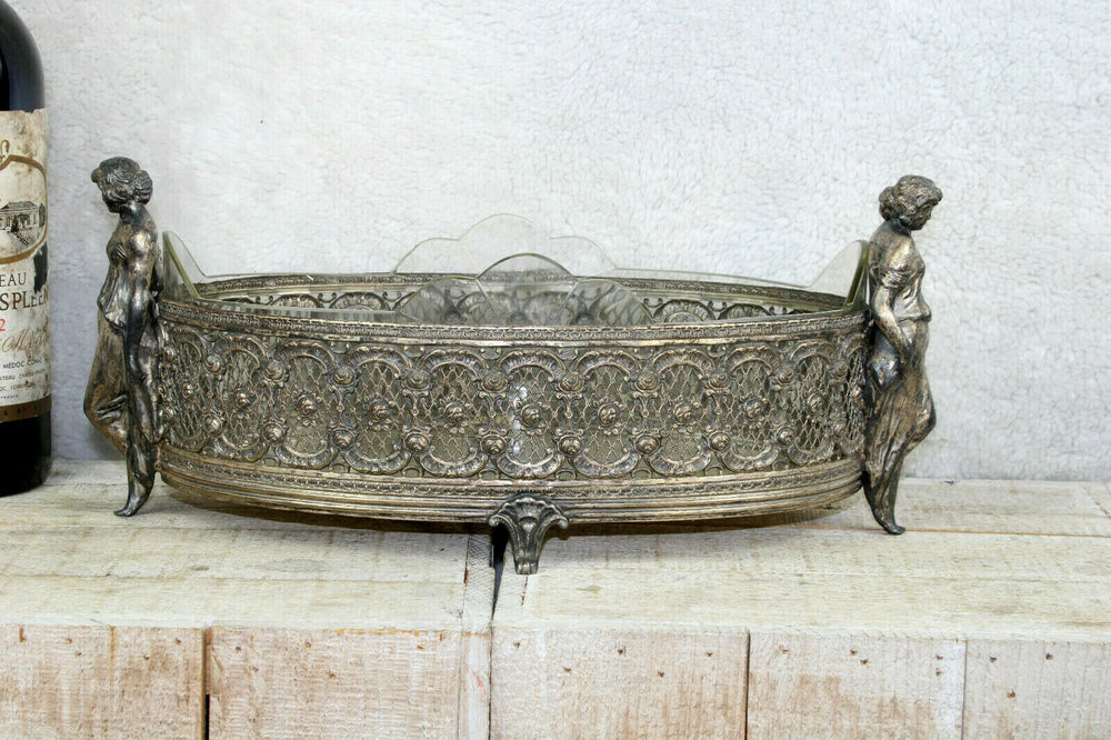 Stunning art nouveau german pewter lady glass insert jardiniere planter 1900